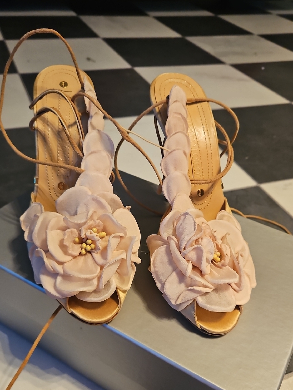 Braided Strap Floral Lace-Up Heels in Soft Pink